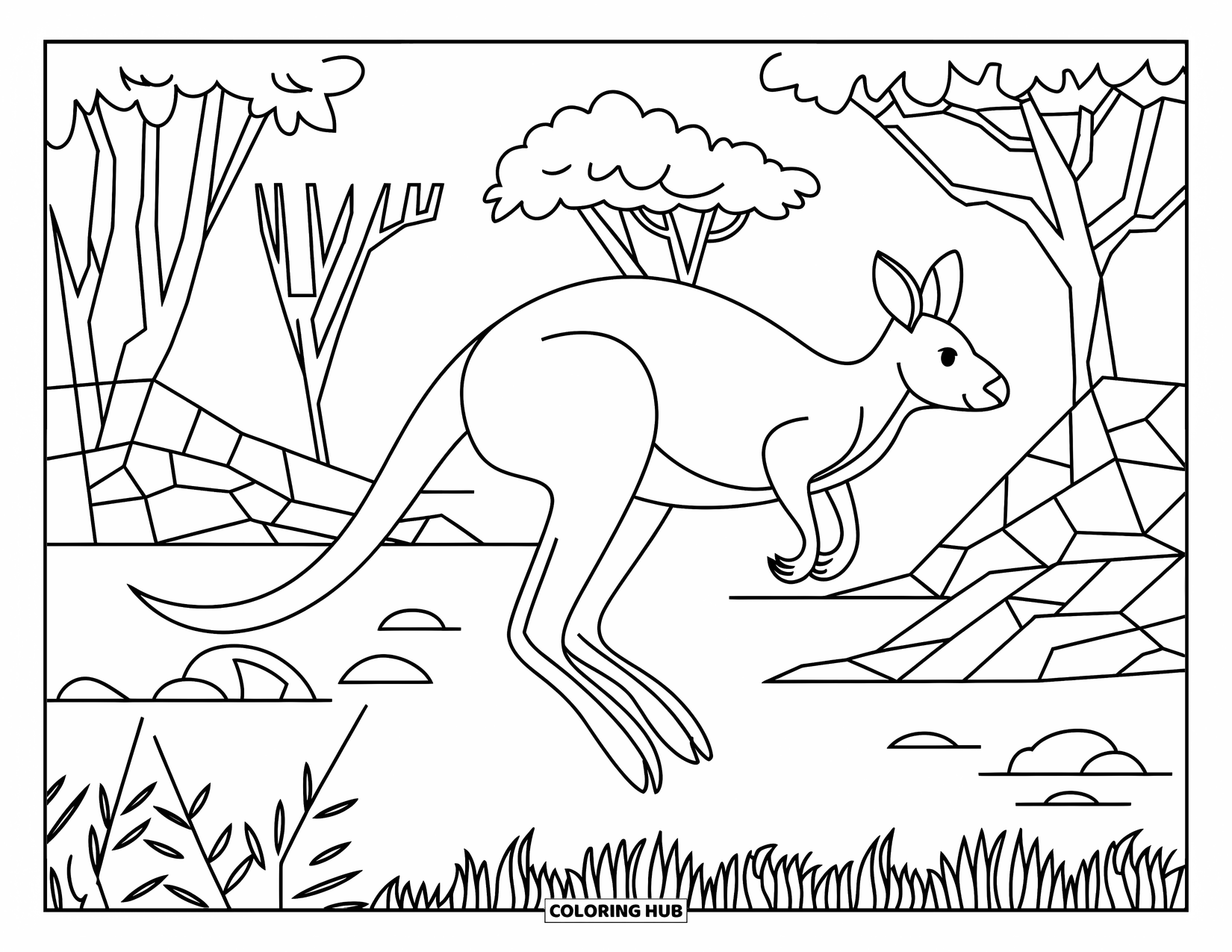 Zoo Animals Coloring Page for Adults: A kangaroo leaps across rocks and grass in a peaceful framed nature scene