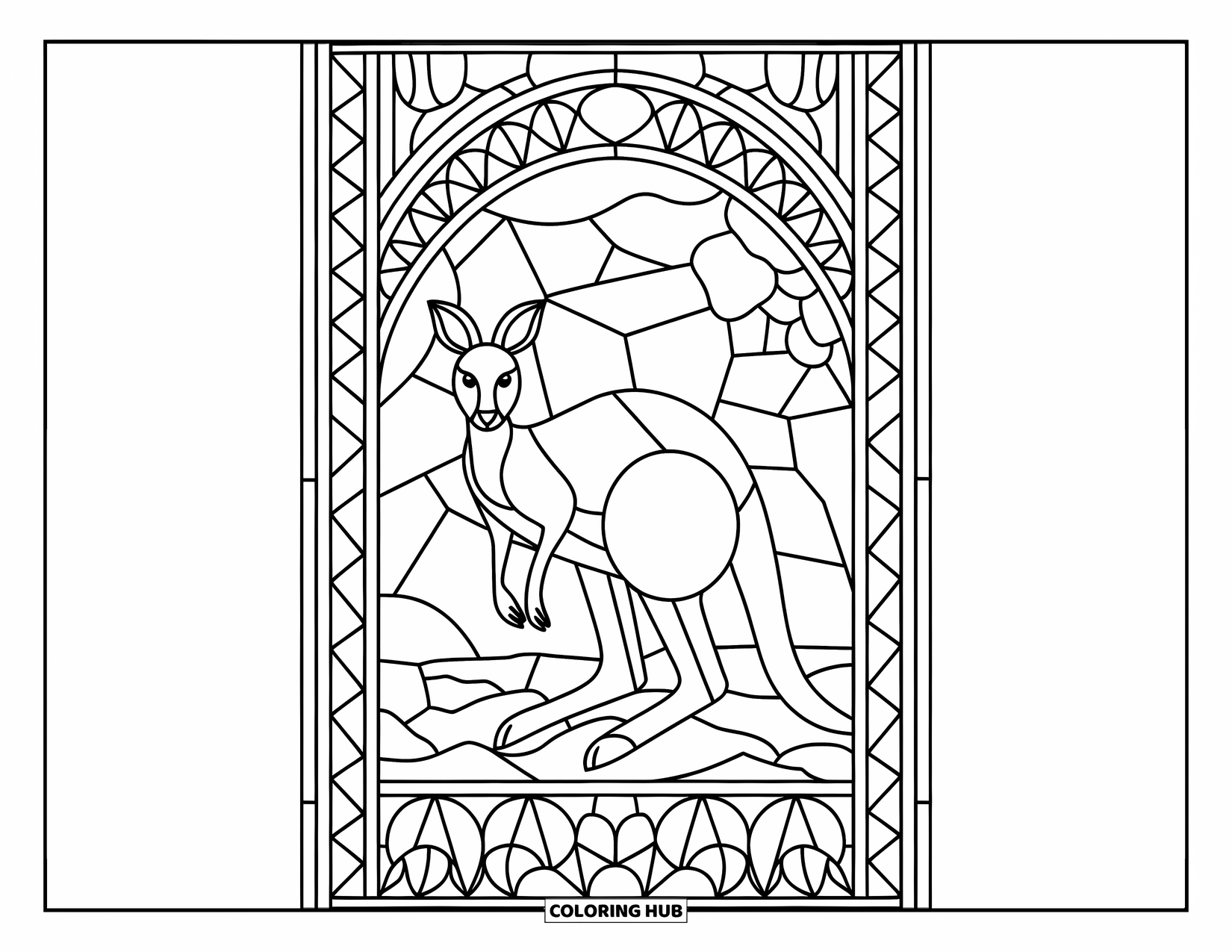 Zoo Animals Coloring Page for Adults: A kangaroo stands proudly in an ornate stained glass frame full of nature patterns