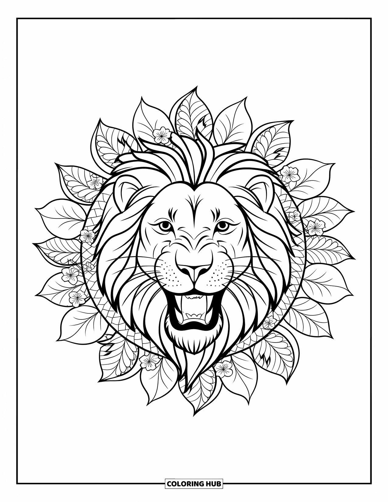 Zoo Animals Coloring Page for Adults: A lion's face roars proudly within a botanical mandala of leaves and vines