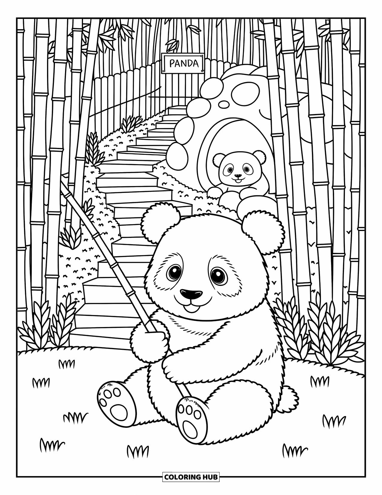 Zoo Animals Coloring Page for Adults: A panda munches bamboo near a cozy den and a sign that says "PANDA"