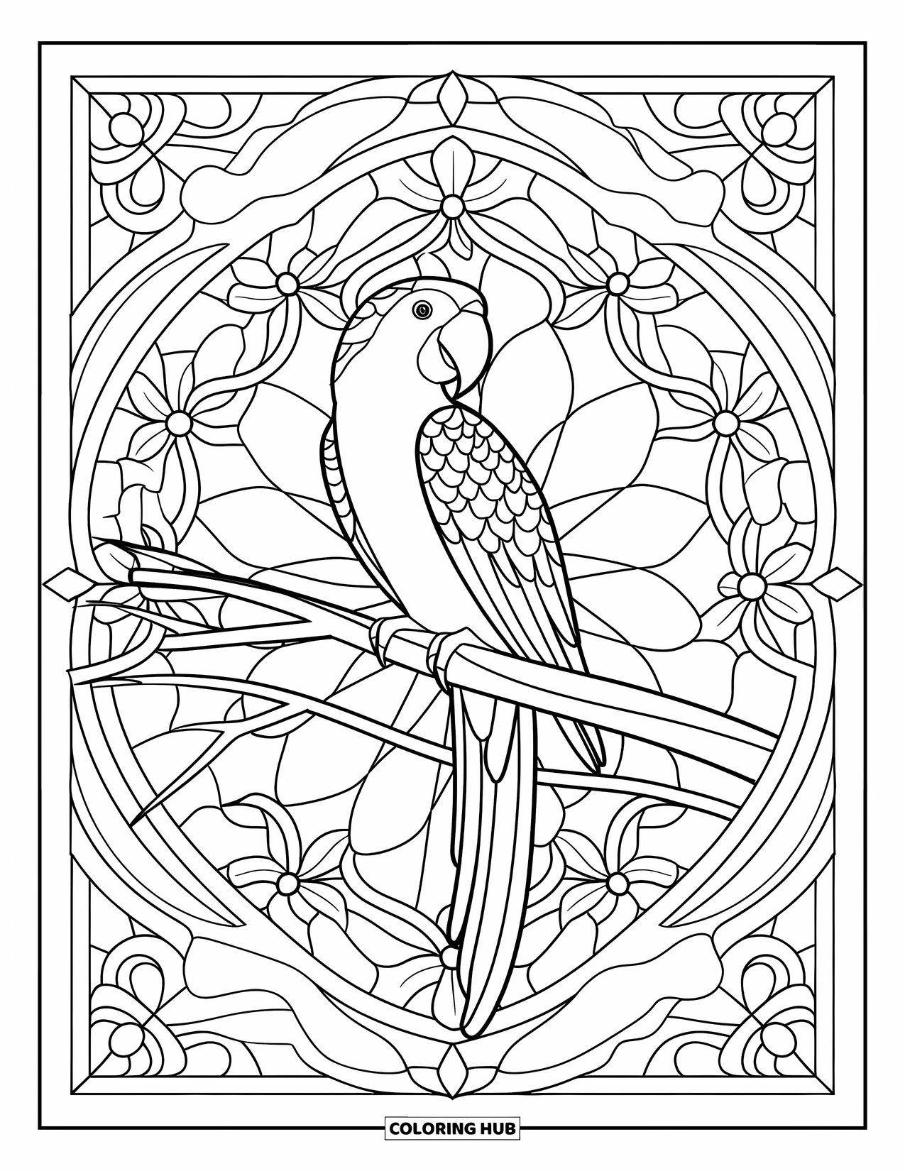 Zoo Animals Coloring Page for Adults: A parrot perches on a branch surrounded by a floral stained glass design