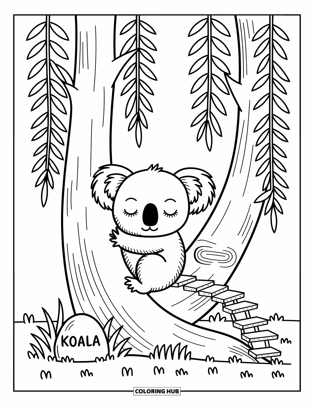 Zoo Animals Coloring Page for Adults: A peaceful koala naps on a tree beside a small wooden platform and name marker