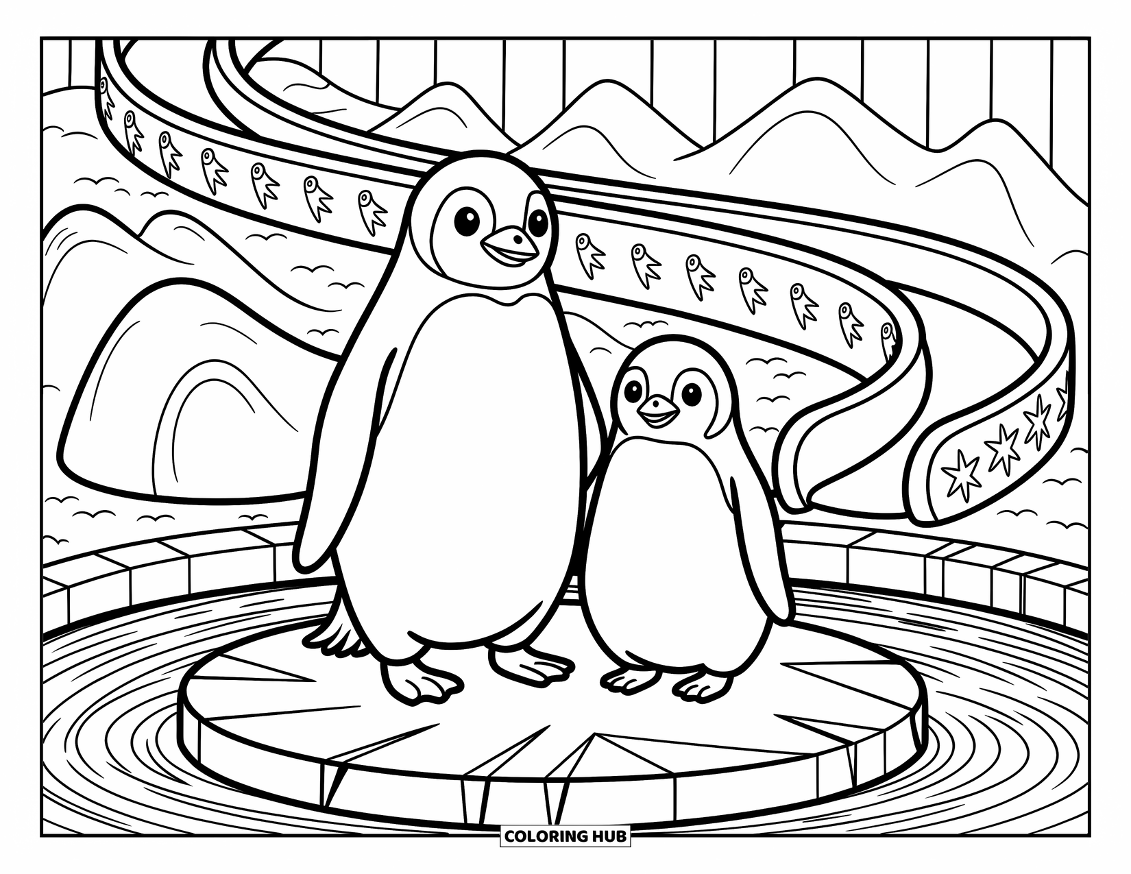 Zoo Animals Coloring Page for Adults: A penguin and its chick stand on icy ground beside a fun ice slide