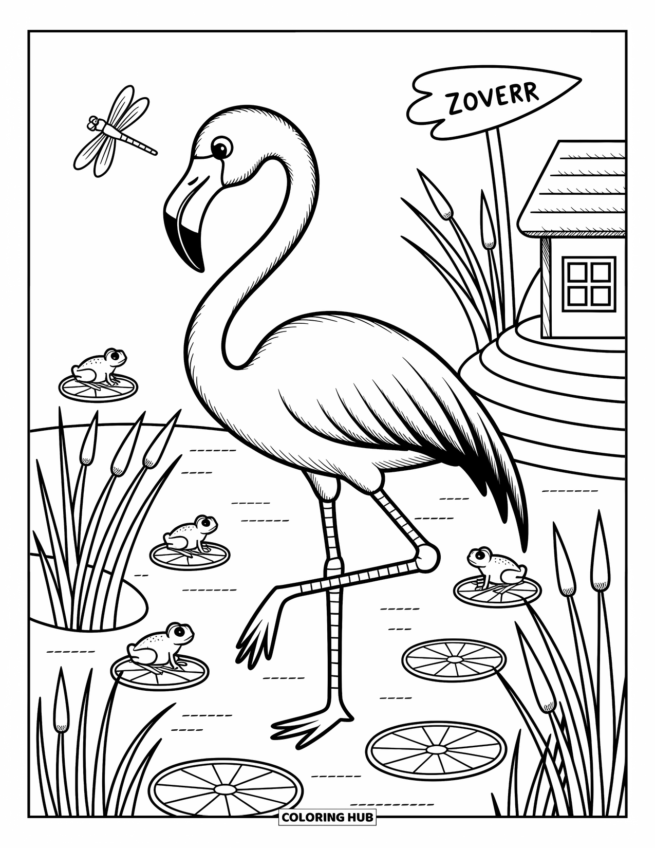 Zoo Animals Coloring Page for Adults: A pink flamingo stands gracefully near lily pads and a tiny wooden bridge