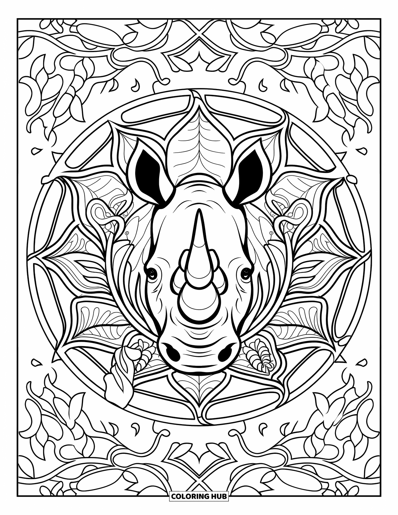 Zoo Animals Coloring Page for Adults: A rhino's head sits proudly in the center of a leafy floral mandala