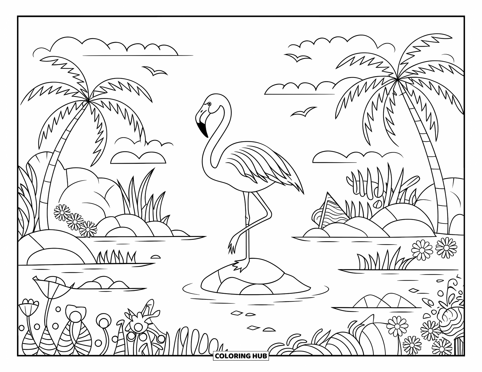 Zoo Animals Coloring Page for Adults: A serene flamingo rests on a rock in a tropical lagoon filled with life