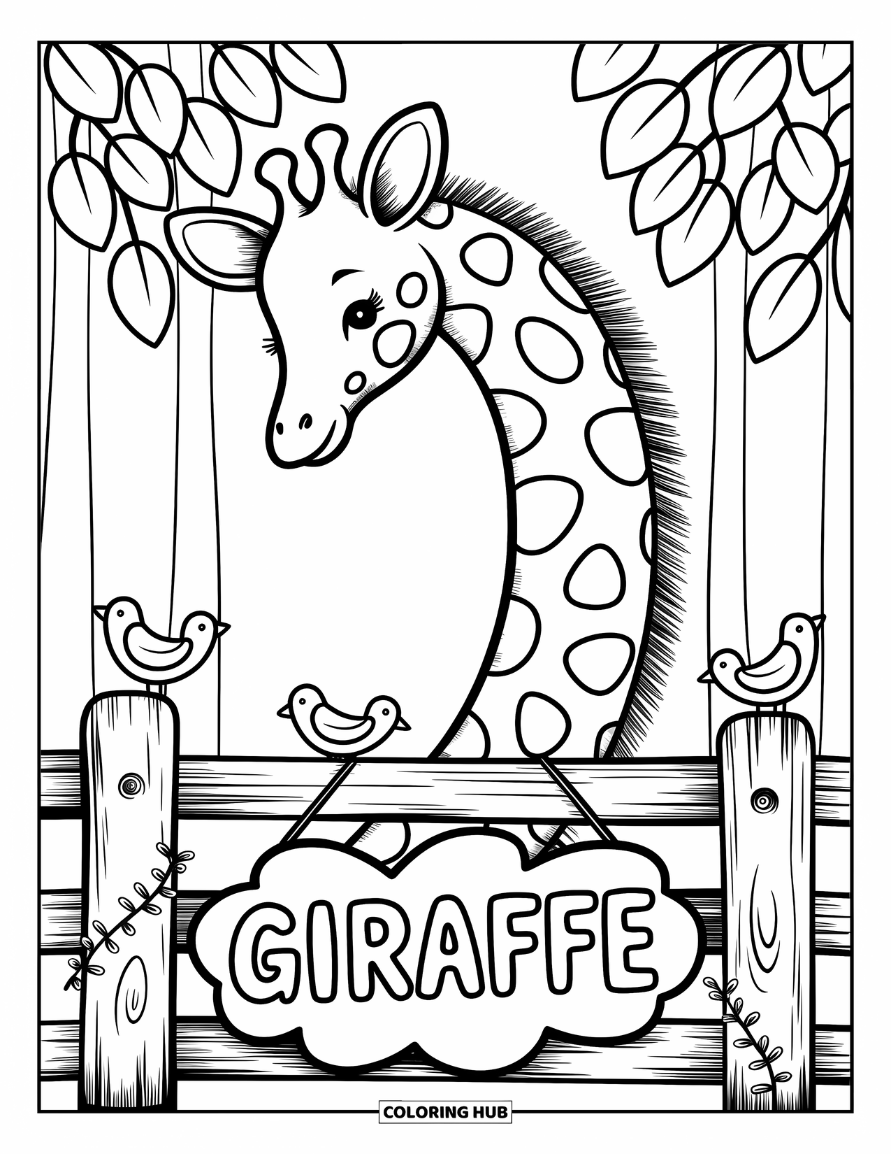 Zoo Animals Coloring Page for Adults: A sweet giraffe smiles over a fence beneath leafy trees and hanging vines