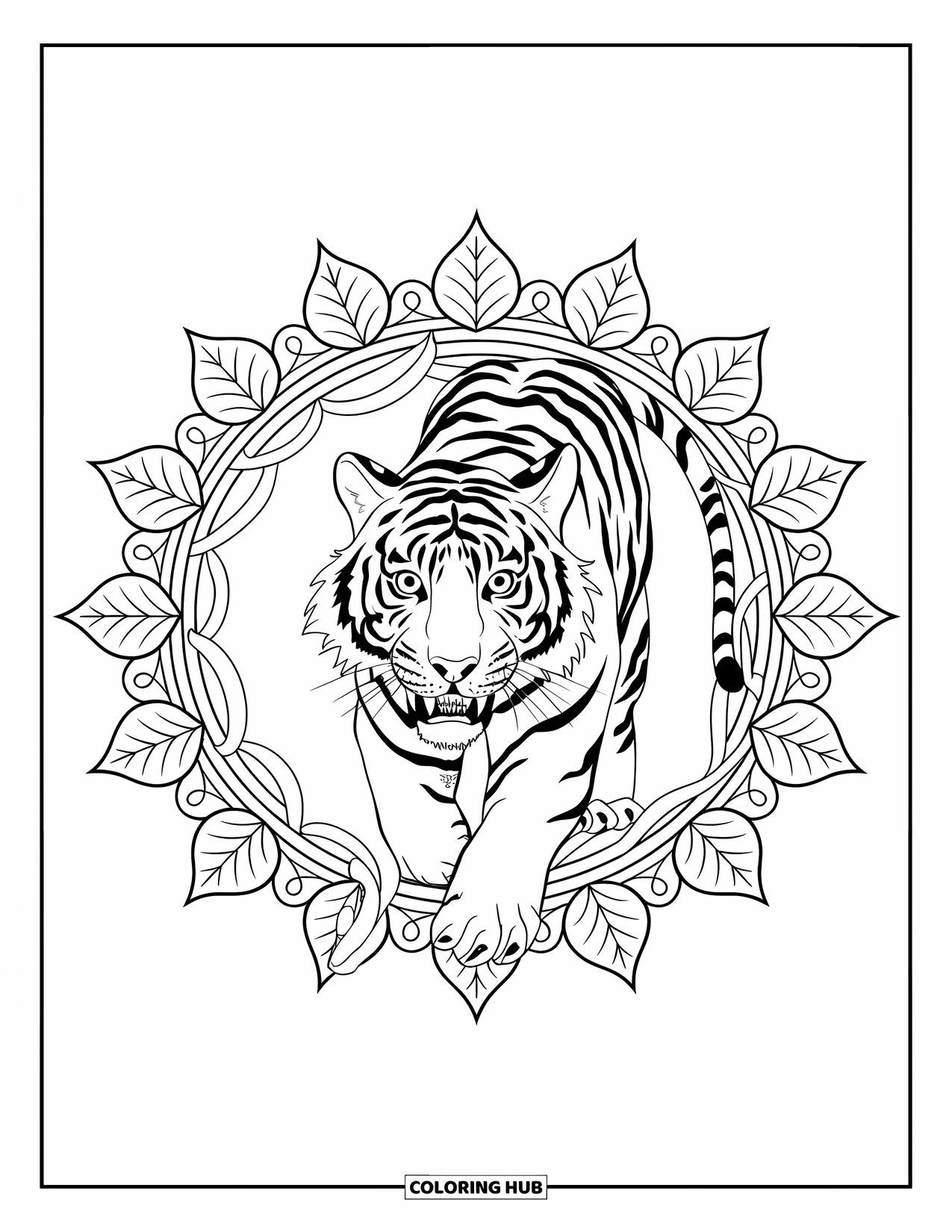 Zoo Animals Coloring Page for Adults: A tiger prowls forward framed by a circular mandala of leaves and vines