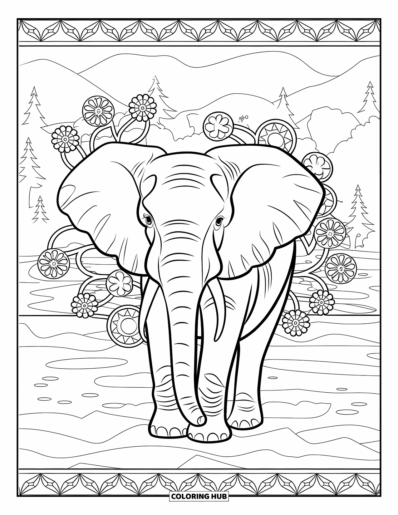 Zoo Animals Coloring Page for Adults: An elephant walks through a floral stained glass scene of trees and water
