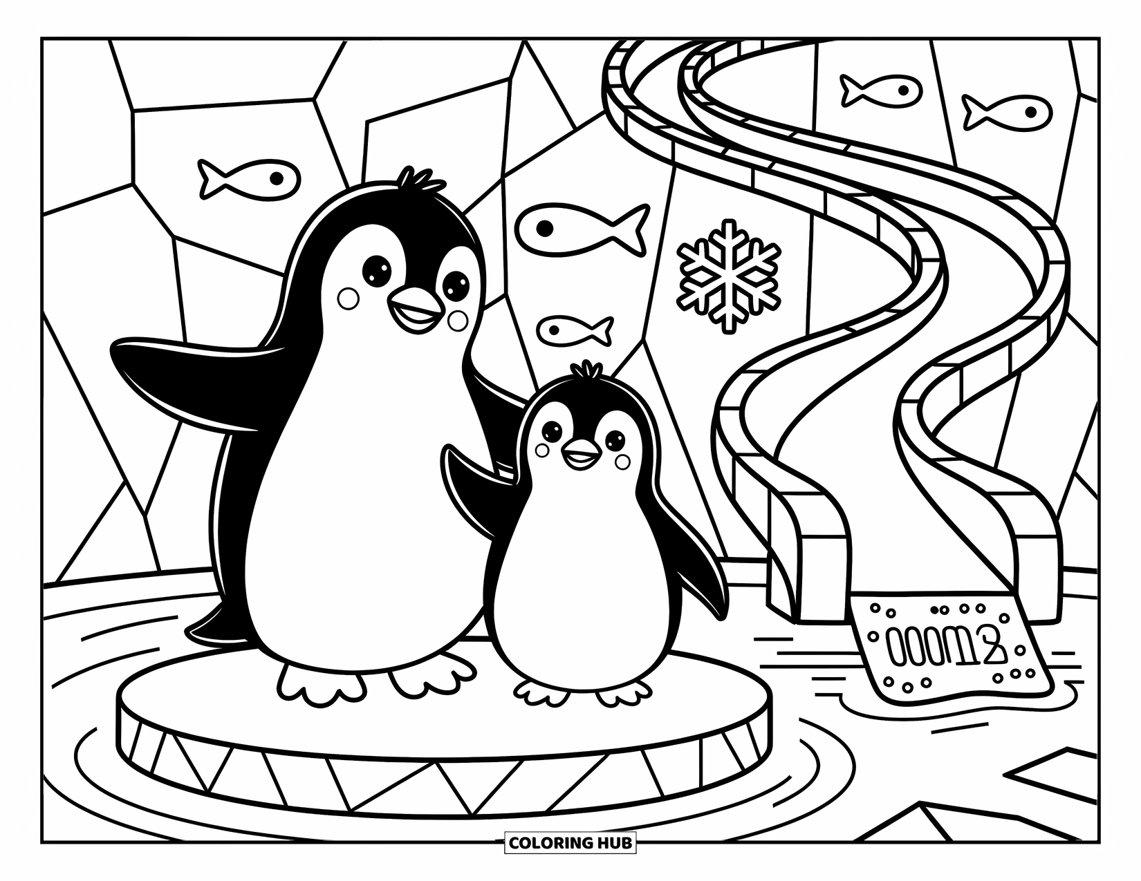 Zoo Animals Coloring Page for Adults: Two penguins stand proudly on ice, sharing a sweet moment under a snowy sky