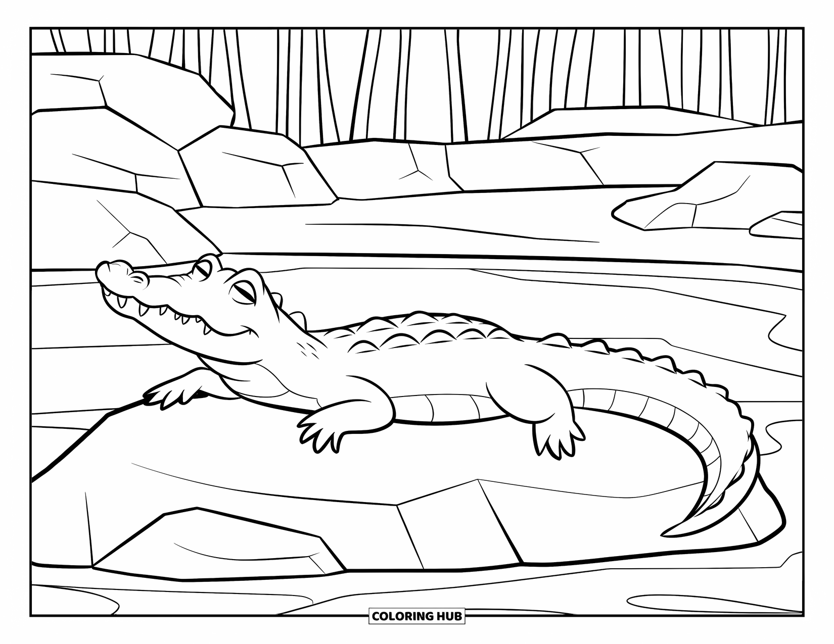 Zoo Animals Coloring Page for Kids: A calm crocodile lies on a rock beside a quiet pond