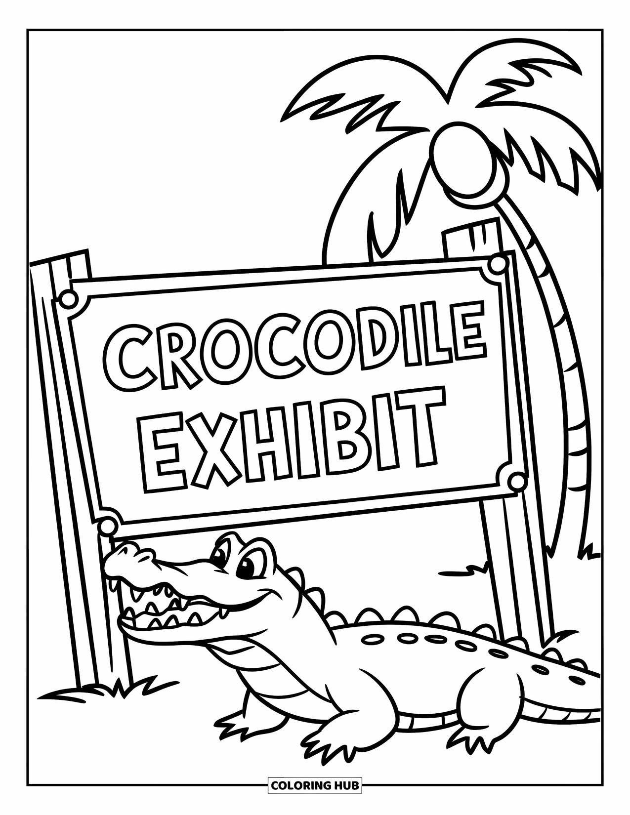 Zoo Animals Coloring Page for Kids: A cheerful crocodile sits beside a zoo sign under a palm tree