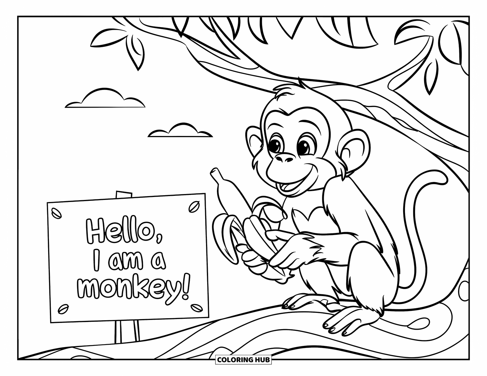 Zoo Animals Coloring Page for Kids: A cheerful monkey waves with a banana under a sunny sky