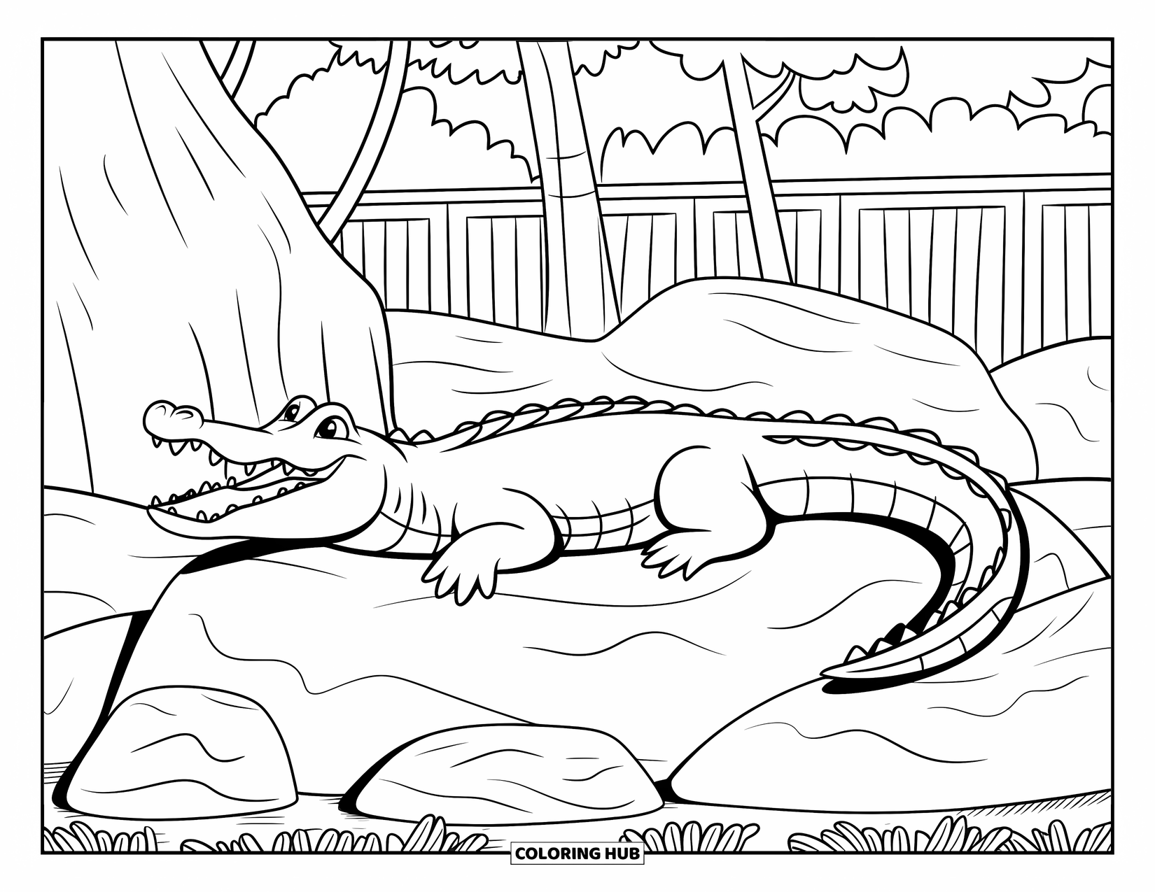 Zoo Animals Coloring Page for Kids: A crocodile basks on warm rocks inside the zoo habitat