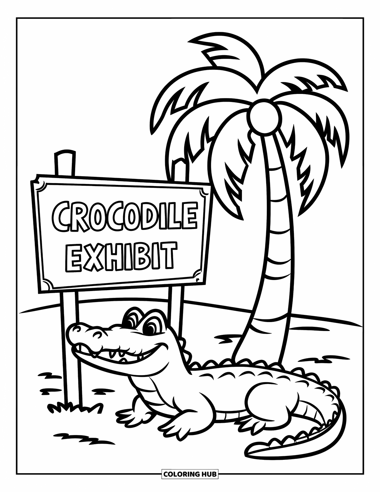 Zoo Animals Coloring Page for Kids: A crocodile relaxes beside a zoo sign and a tall palm tree