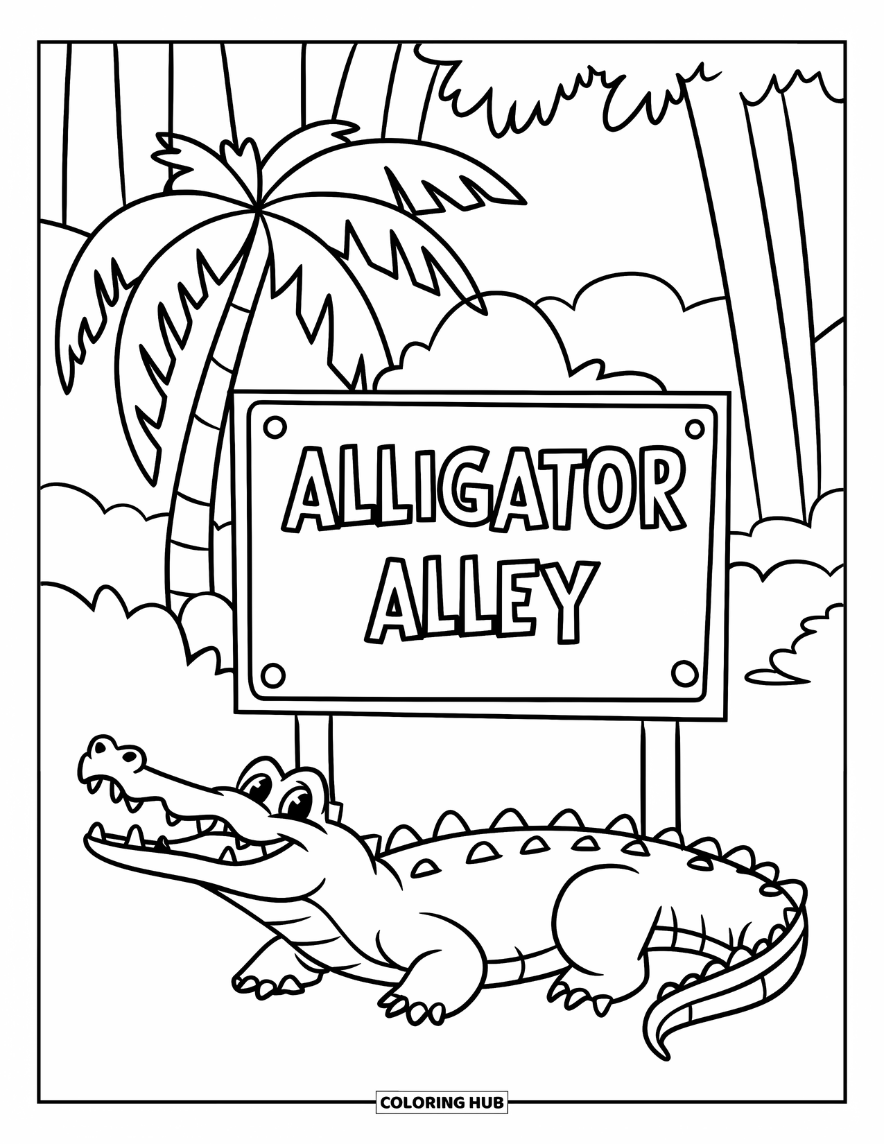 Zoo Animals Coloring Page for Kids: A friendly crocodile lounges near a palm tree by the zoo sign