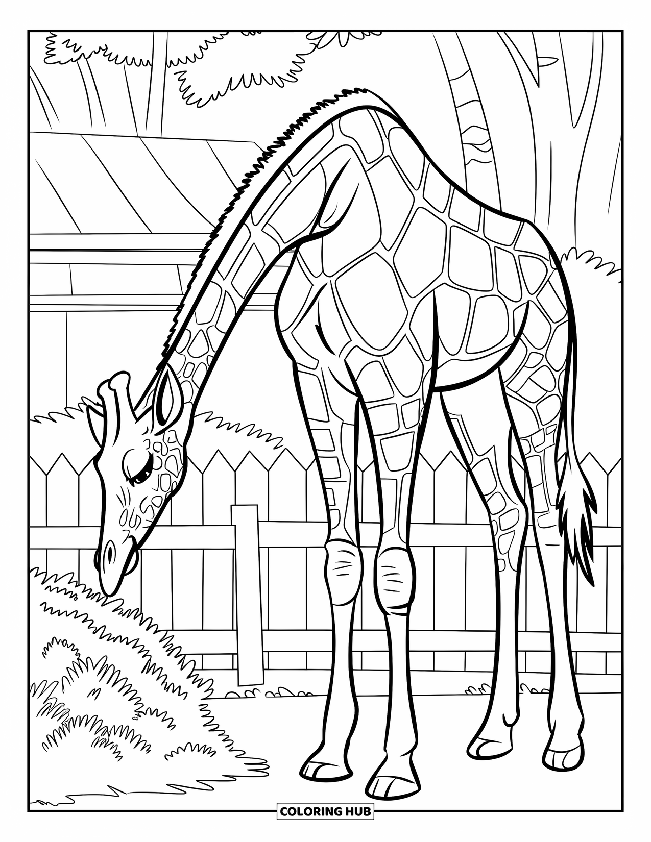 Zoo Animals Coloring Page for Kids: A gentle giraffe leans down to snack on a bush near the fence
