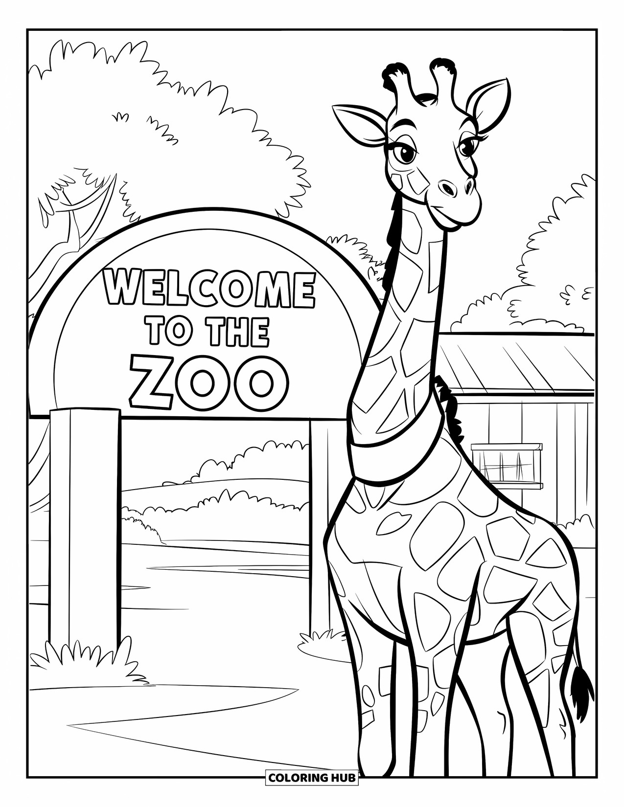 Zoo Animals Coloring Page for Kids: A giraffe smiles beside the "Welcome to the Zoo" archway