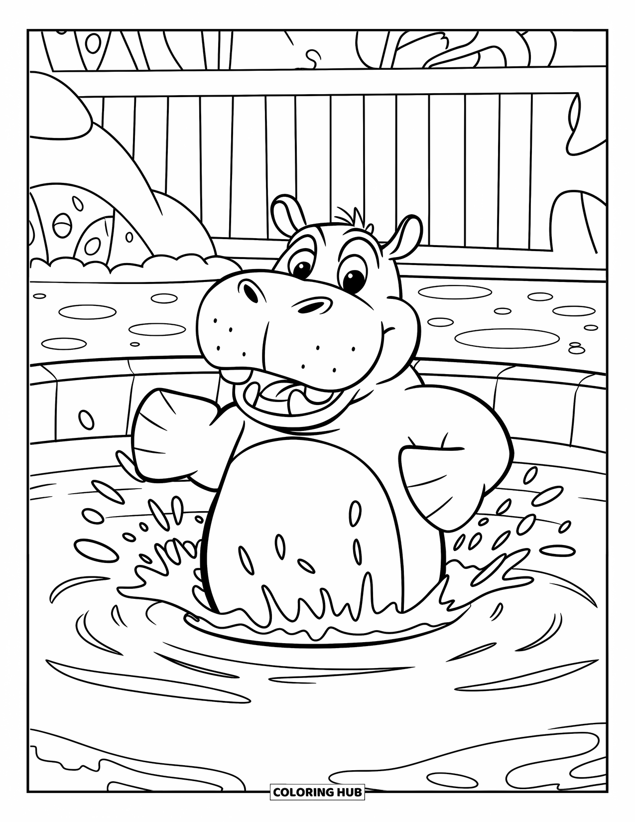 Zoo Animals Coloring Page for Kids: A happy hippo pops up from the pool with water splashing