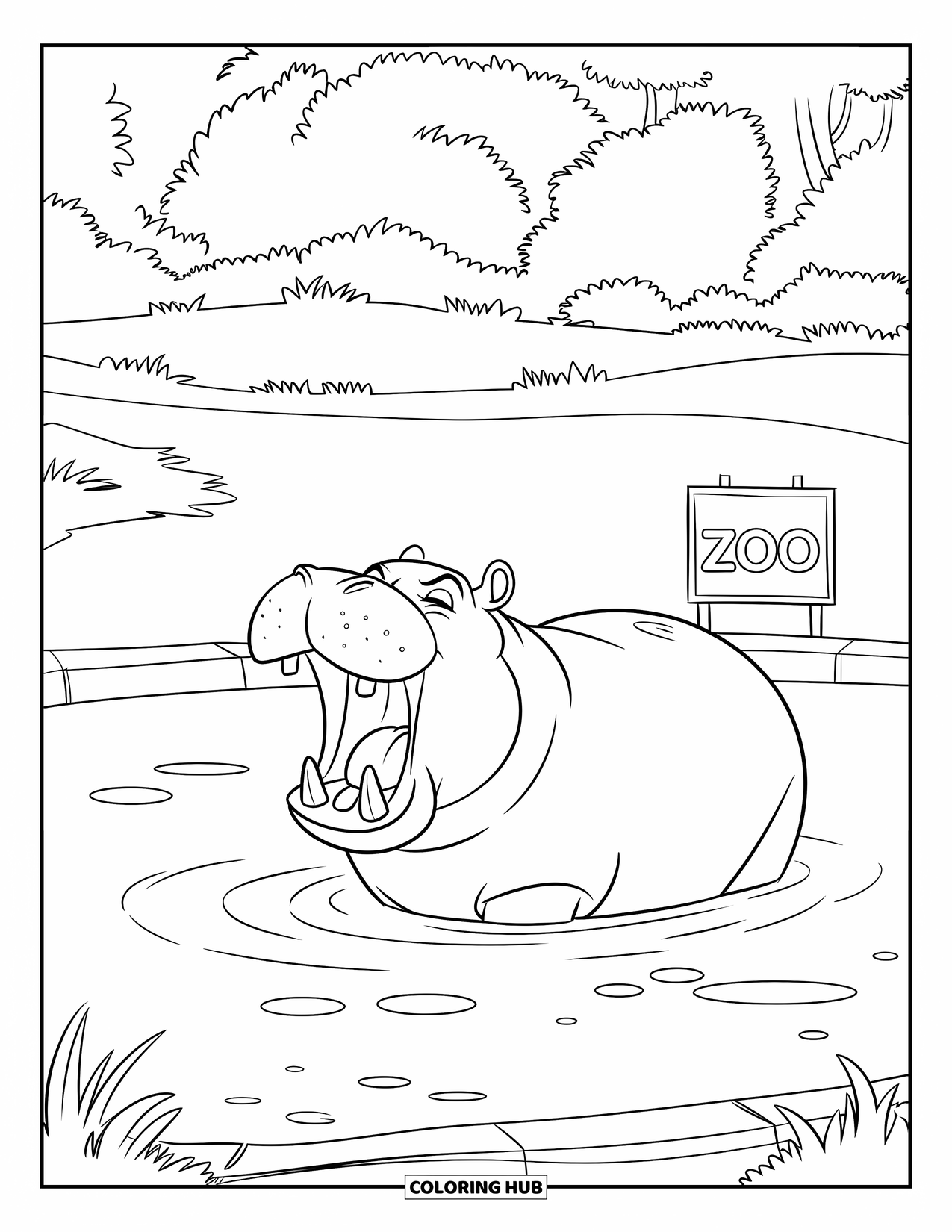 Zoo Animals Coloring Page for Kids: A hippo opens its mouth wide while resting by the waterhole