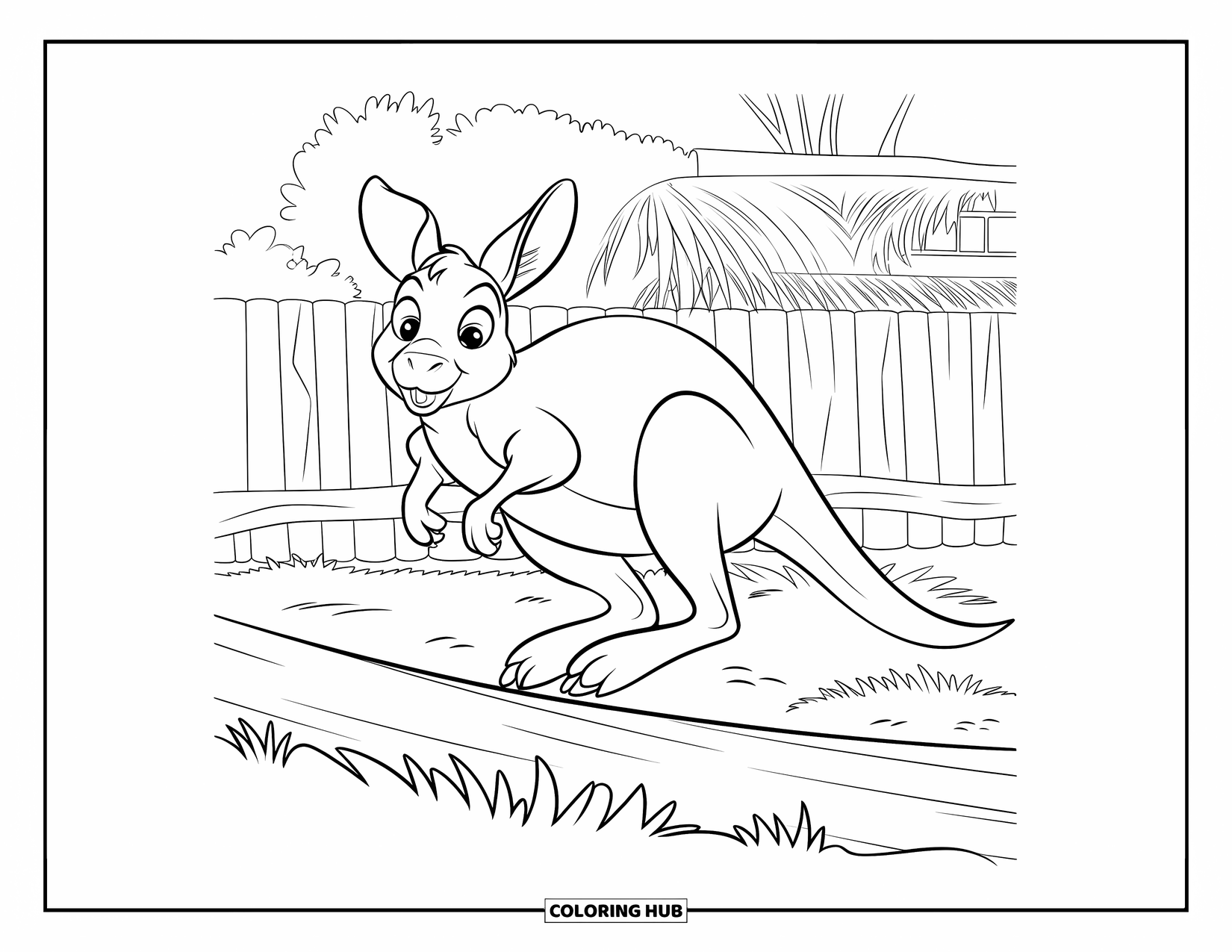 Zoo Animals Coloring Page for Kids: A kangaroo hops over a log on a sunny zoo path
