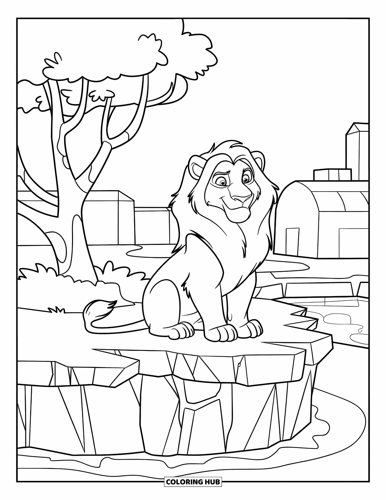 Zoo Animals Coloring Page for Kids: A lion looks out from its rock surrounded by other animals