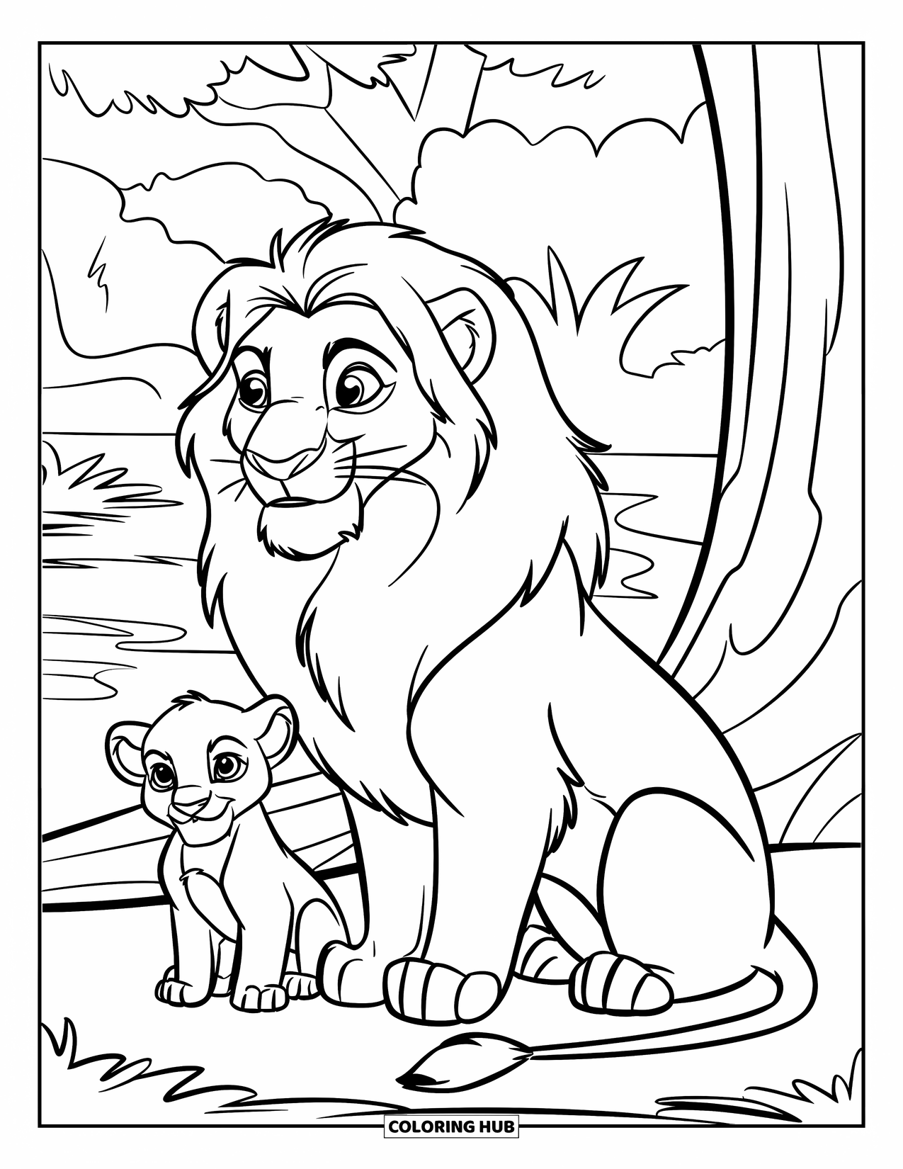 Zoo Animals Coloring Page for Kids: A proud lion sits beside its playful cub near a tall tree