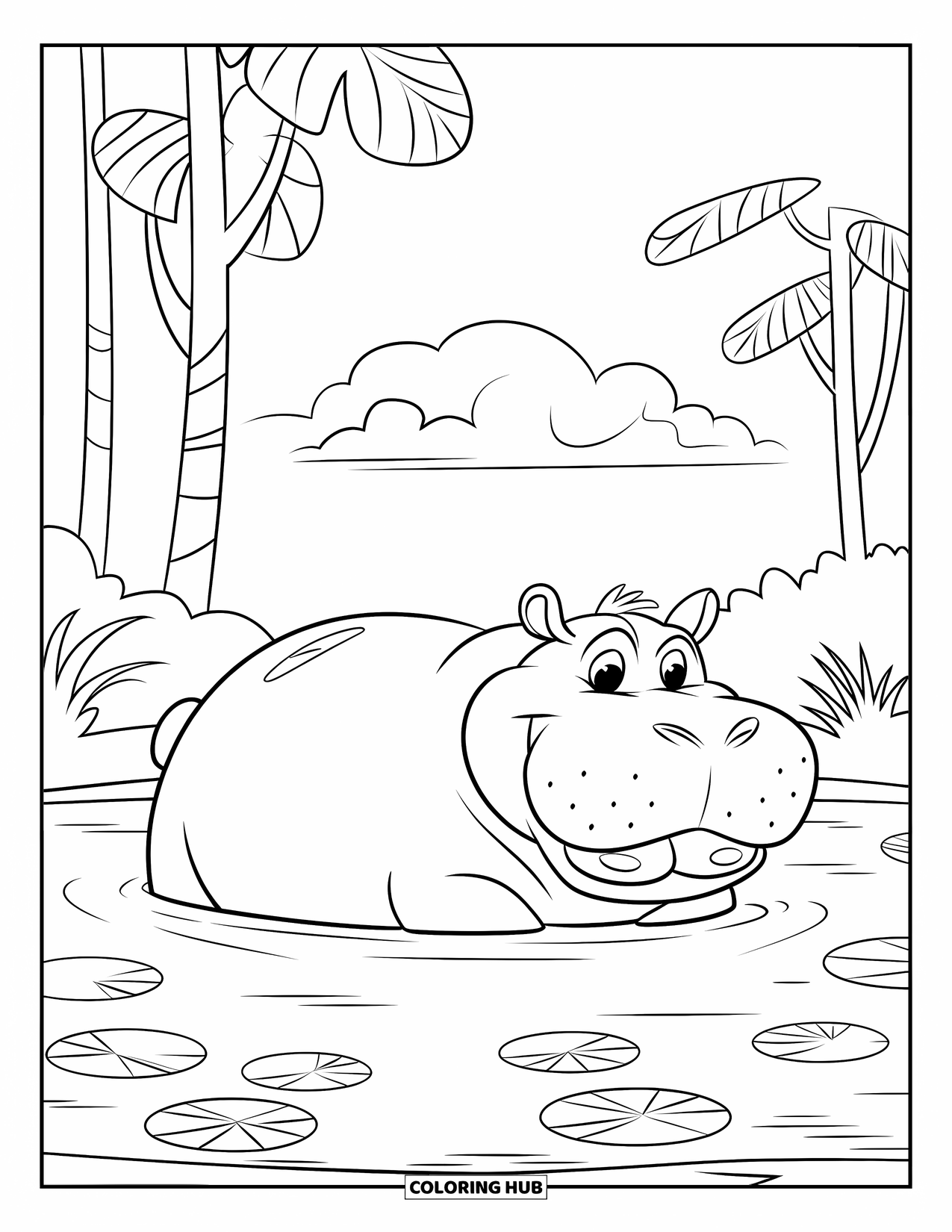 Zoo Animals Coloring Page for Kids: A relaxed hippo floats among lily pads under tall leafy trees