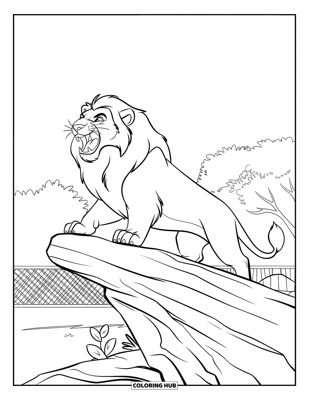 Zoo Animals Coloring Page for Kids: A roaring lion stands proudly on a rock in the big cat area