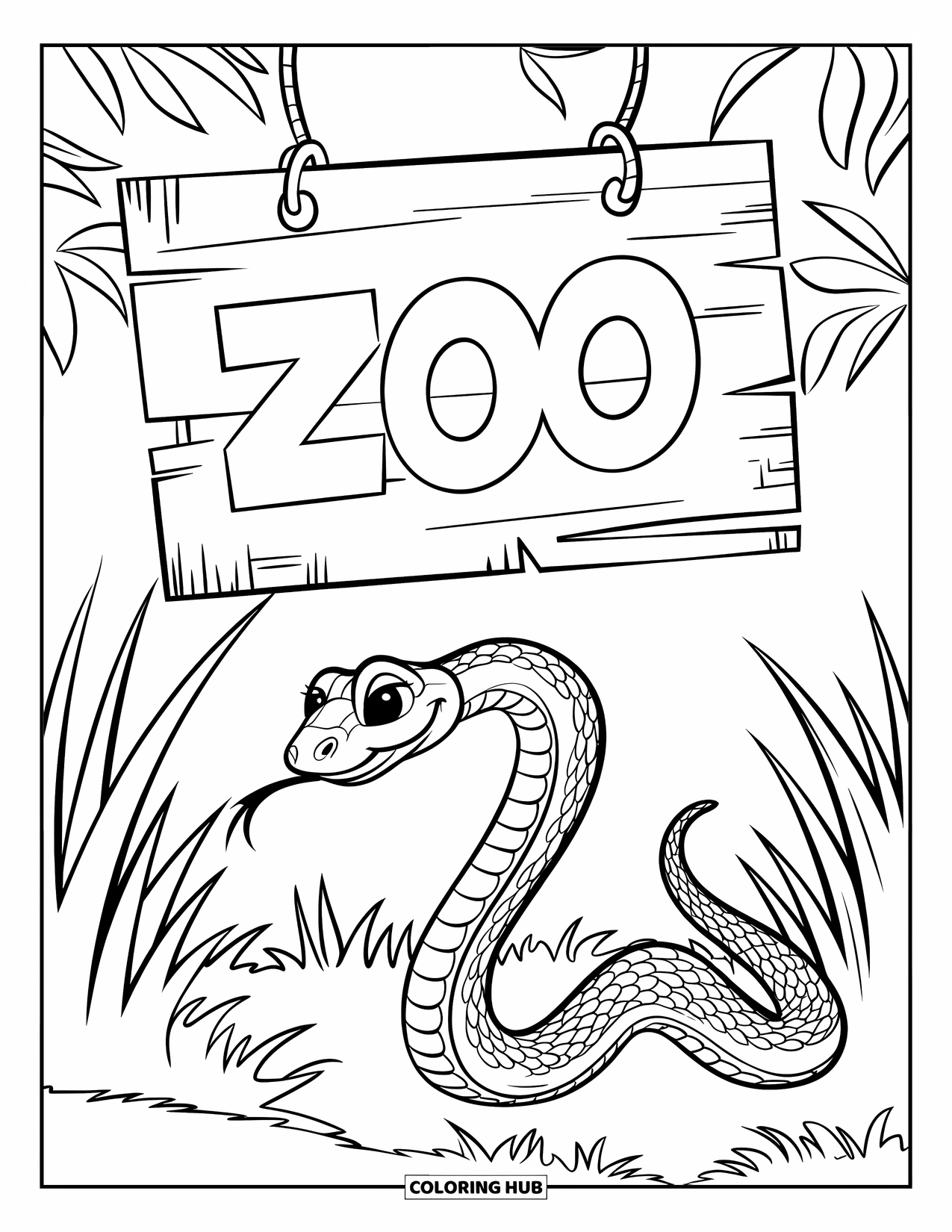 Zoo Animals Coloring Page for Kids: A snake slithers through the zoo grass beneath a hanging wooden sign