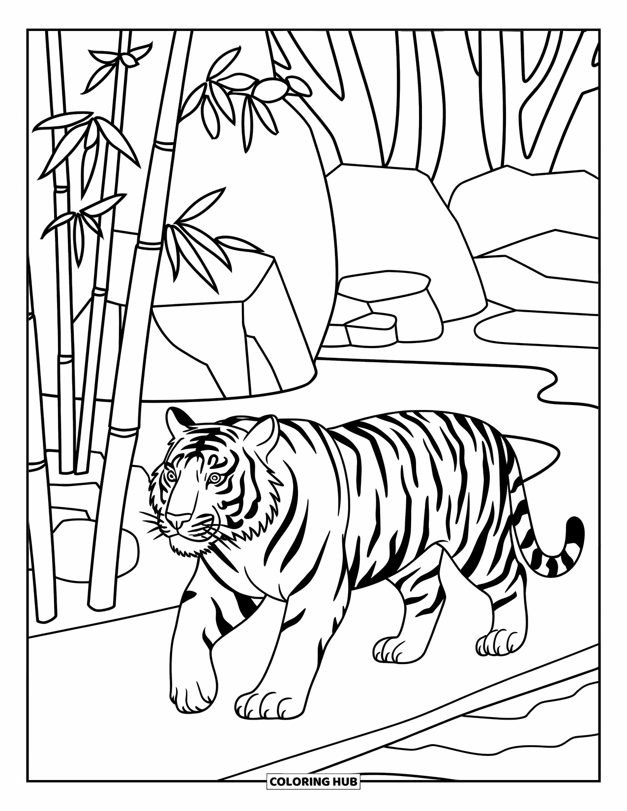Zoo Animals Coloring Page for Kids: A striped tiger strolls along a bamboo-lined path in the zoo