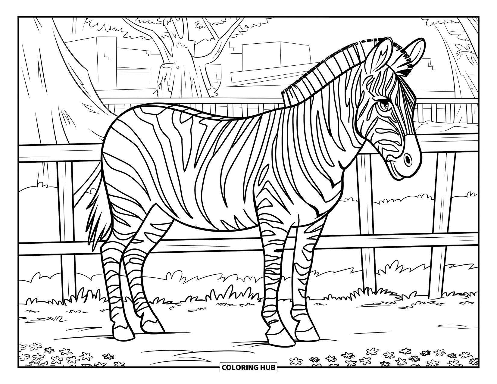 Zoo Animals Coloring Page for Kids: A striped zebra grazes near the wooden fence and flowers