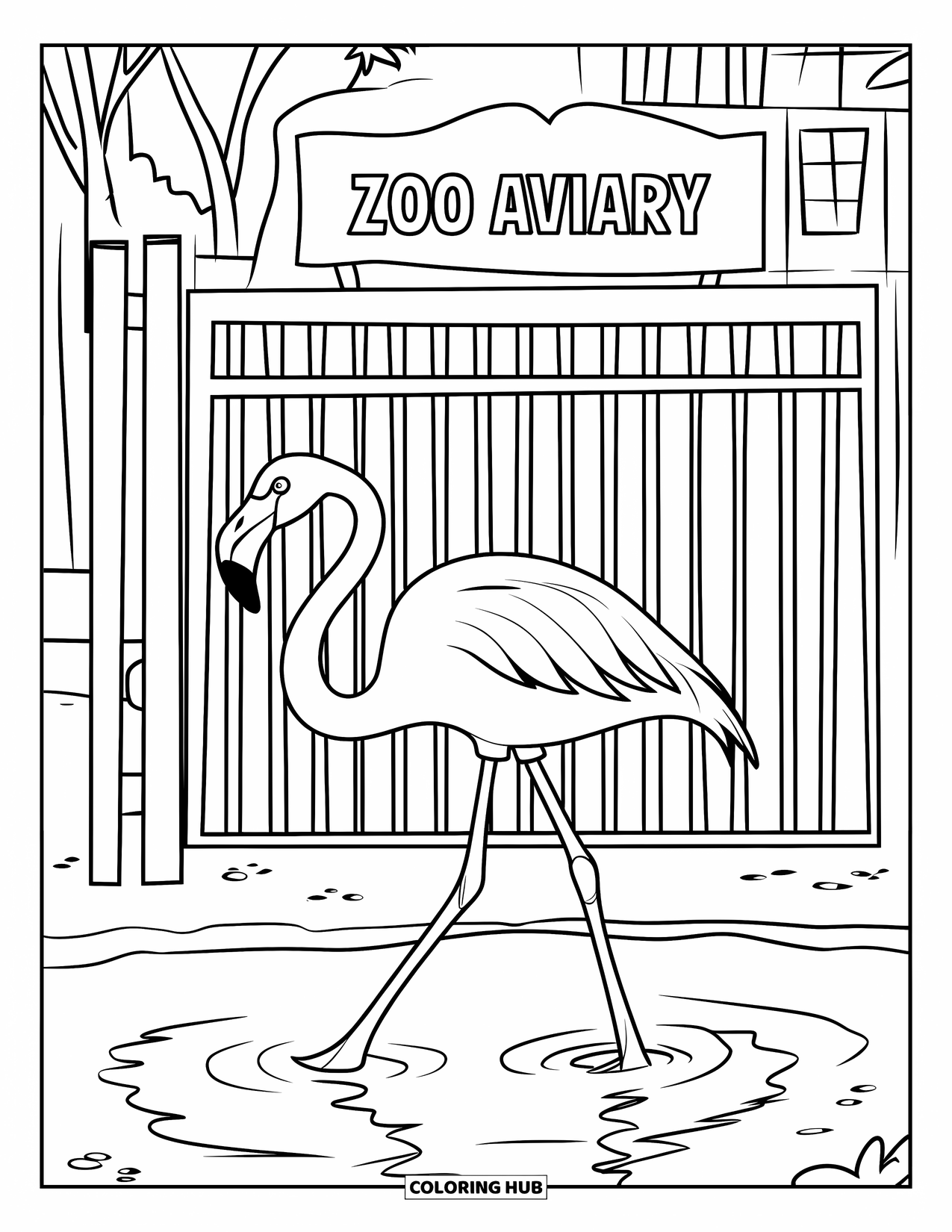 Zoo Animals Coloring Page for Kids: A tall flamingo steps gently through water near the zoo's aviary