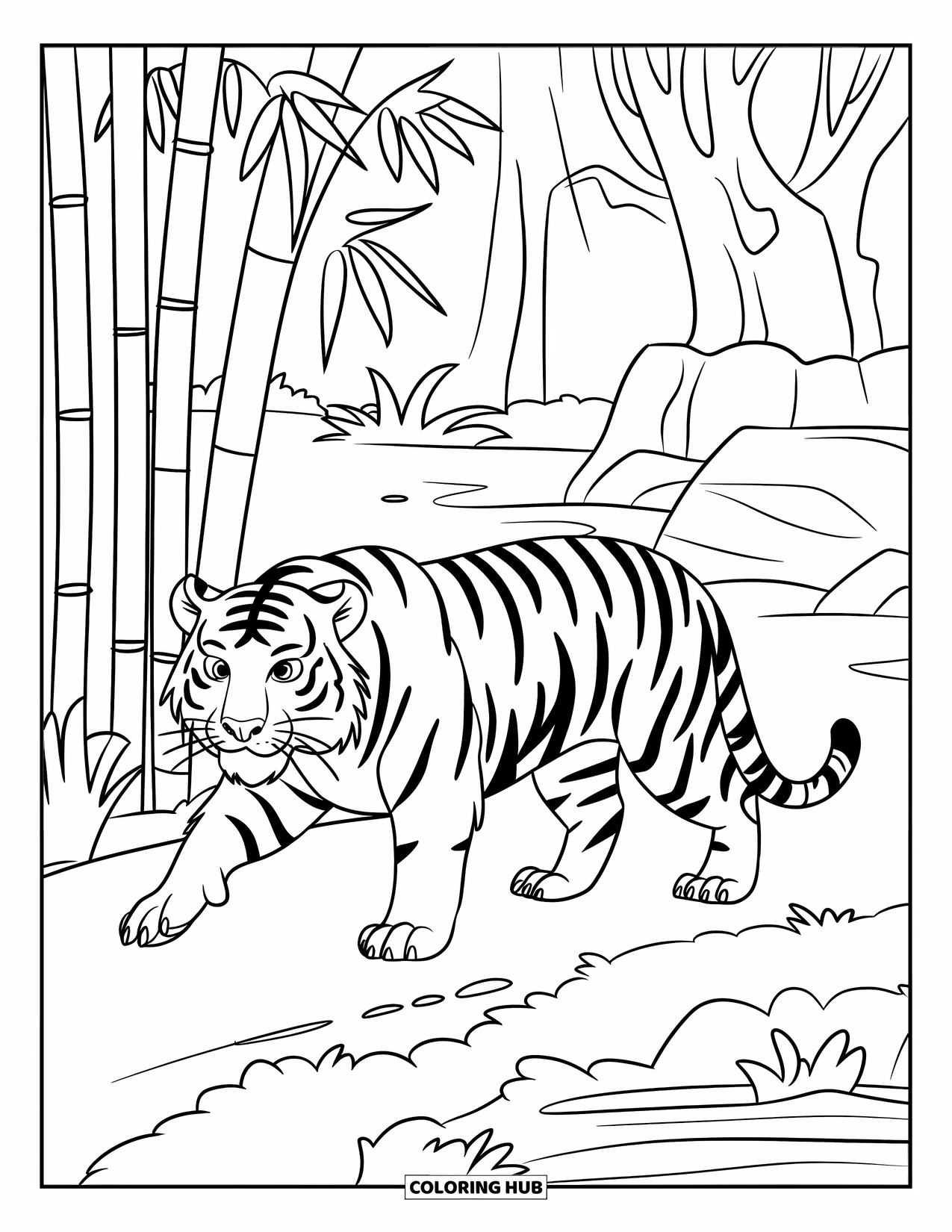 Zoo Animals Coloring Page for Kids: A tiger walks confidently past tall bamboo in the jungle zone