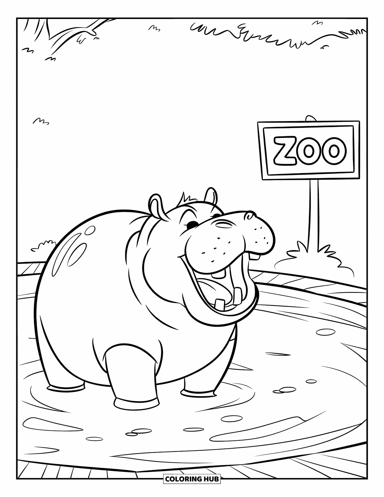 Zoo Animals Coloring Page for Kids: A tired hippo yawns near the zoo's calm, green waterhole