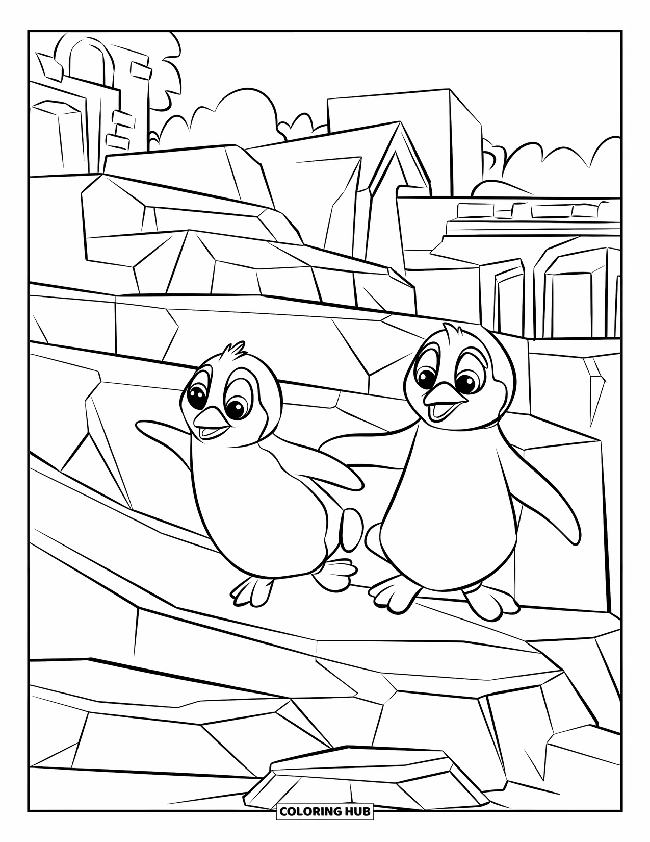 Zoo Animals Coloring Page for Kids: Two penguins happily slide down icy rocks in the arctic zone