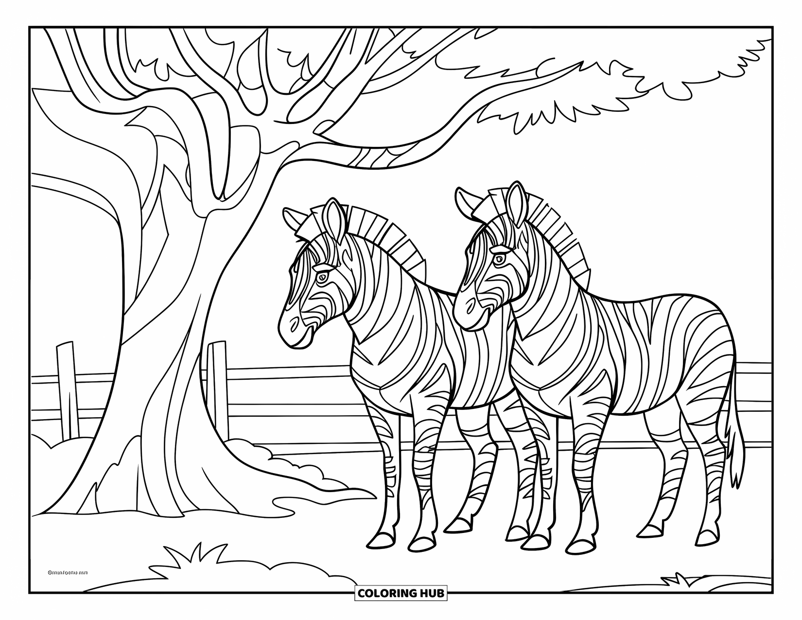Zoo Animals Coloring Page for Kids: Two zebras graze near a tree in the zoo savanna