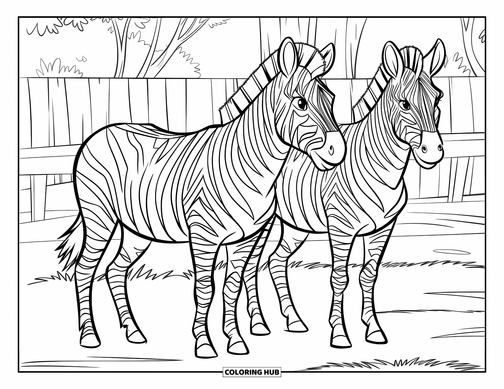 Zoo Animals Coloring Page for Kids: Two zebras stand side by side in the zoo's sunny savanna