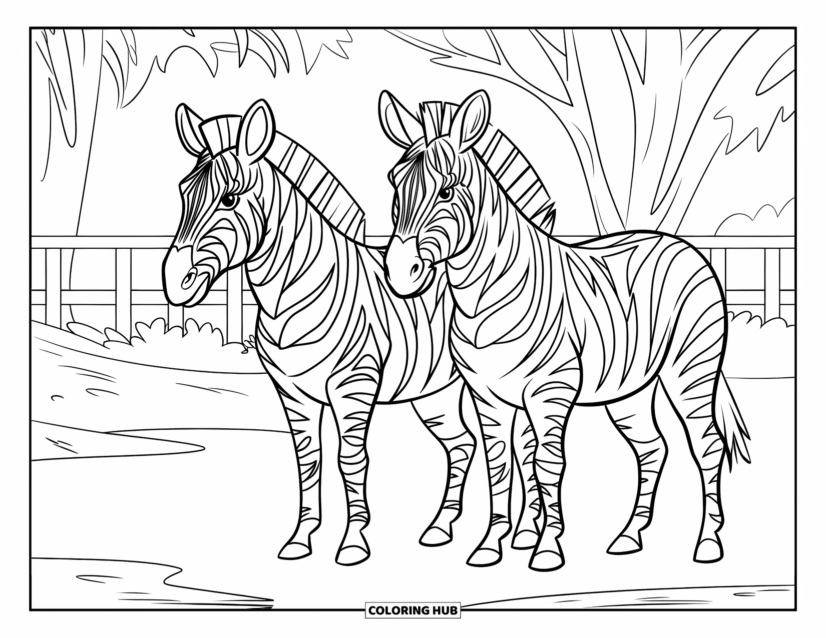 Zoo Animals Coloring Page for Kids: Two zebras stand tall behind a fence on the open field